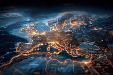 A digital representation of Europe at night highlights illuminated cities, outlines national borders, and showcases geographic features. Bright lights connect major urban areas across the continent.