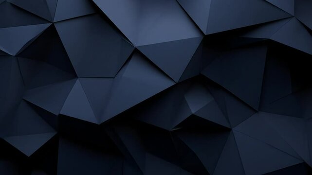 Dark navy blue polygonal background, featuring a complex, three-dimensional geometric pattern of irregular triangles