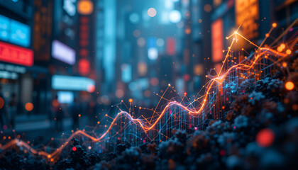 Digital growth chart overlaid on a vibrant cityscape illustrates economic development and technological progress with connected data points.
