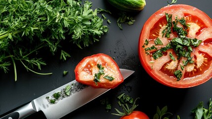 A close-up of a chefs knife slicing through a ripe tomato, with fresh herbs and vegetables nearby, culinary art,