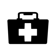Black and white icon depiction of a first aid kit with handle