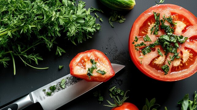 A close-up of a chefs knife slicing through a ripe tomato, with fresh herbs and vegetables nearby, culinary art,