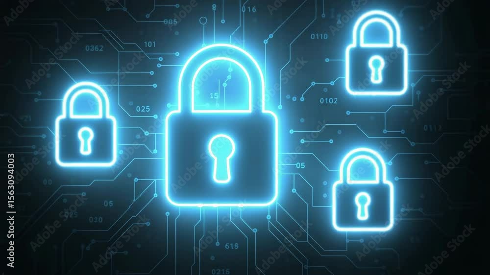 Aufkleber a glowing blue padlock symbolizing security and protection in a dark digital environment, representi