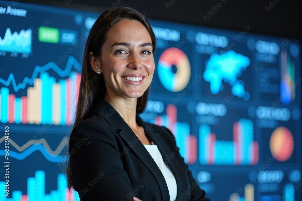 Poster confident woman in modern attire posing in front of digital screen showing real-time financial analy