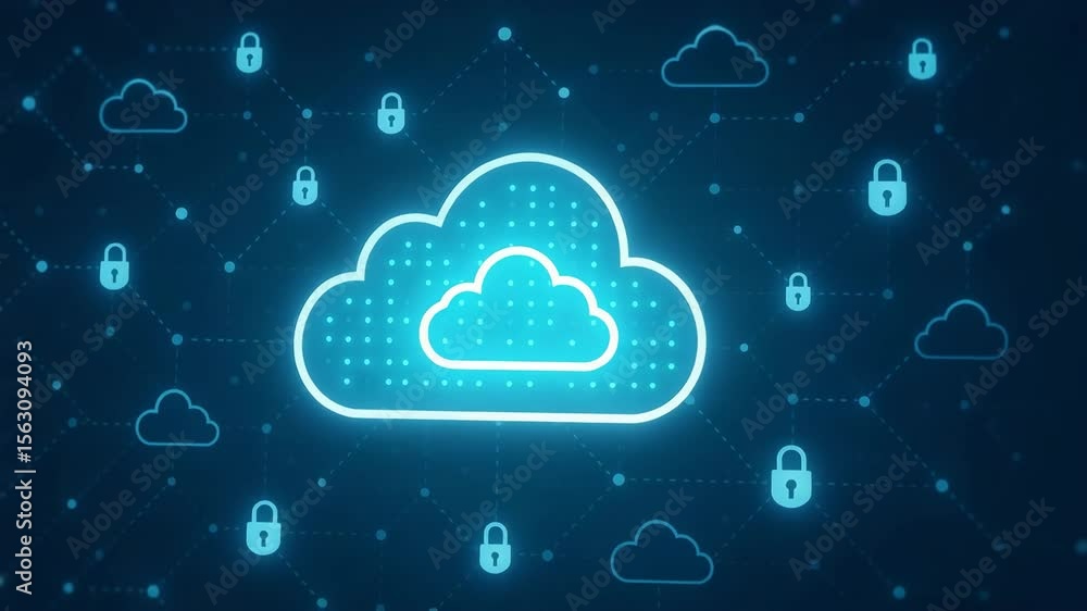 Poster a mesmerizing digital illustration of a cloud symbol glowing in blue, surrounded by interconnected l