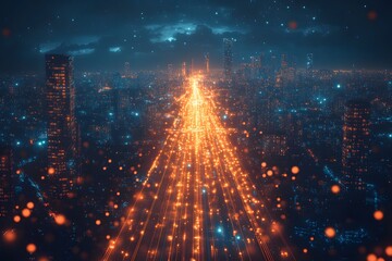 Obraz premium Futuristic Night Cityscape with Glowing Streets and Skyscrapers Under a Starry Sky
