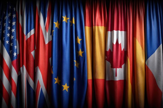 A collection of flags from various nations is elegantly arranged on a dark curtain background.