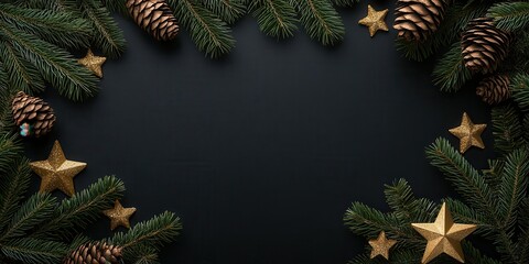 Fototapeta premium A festive arrangement featuring evergreen branches, gold stars, and pine cones, creating a warm and inviting atmosphere perfect for holiday celebrations.