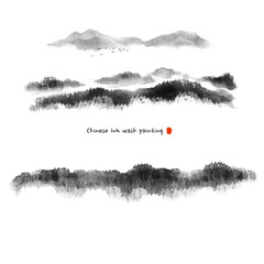 Hand-drawn Chinese ink wash painting of nature landscape. Forest, clouds, mist and mountains. traditional brushwork in monochrome tones.