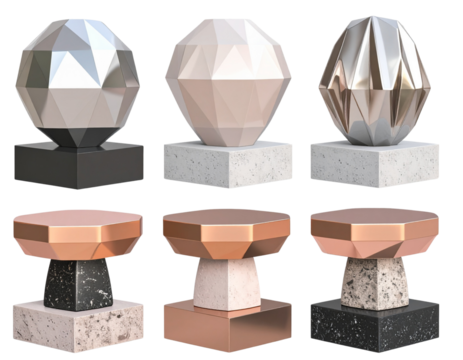 generic modern abstract decor sculpture in deferent chrome cement stone rose gold transparent background.