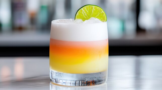 A close-up of a cocktail glass with a colorful drink and a slice of lime, placed on a bar counter, nightlife and socializing,