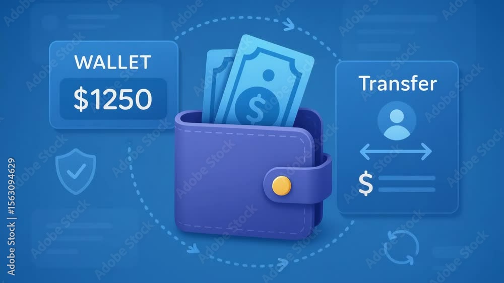 Poster an illustrated wallet displaying money, emphasizing digital transactions and secure money transfer o