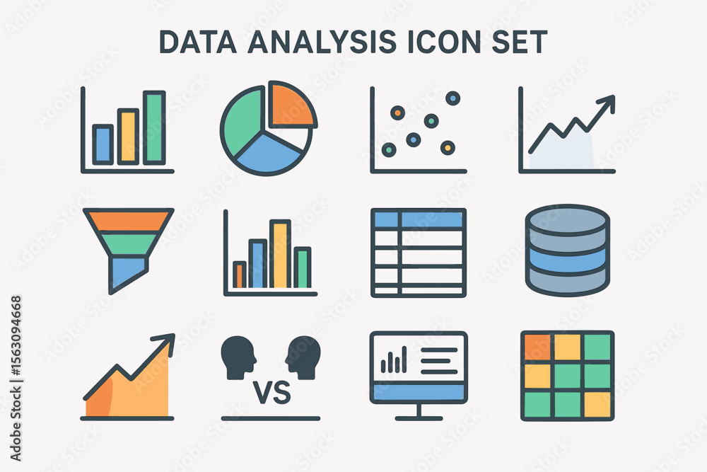 Poster colorful data analysis icon set with charts and graphs for business insights