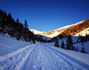 Snowy Mountain Valley Path Winter Landscape