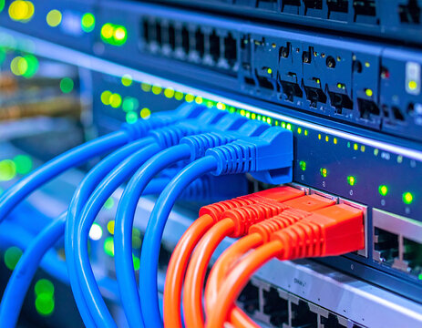 Close-up view of a server rack with network cables connected, illustrating data transfer.