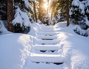 Snowy Step in a Deep Winter Forest