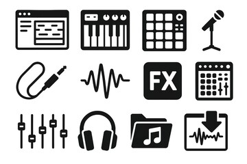 Black and white music production icons: synthesizer, microphone, audio wave, headphones, sound effects