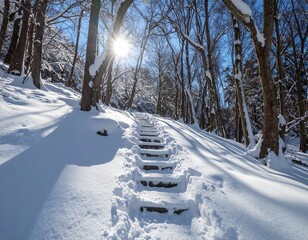 Snowy Step in a Deep Winter Forest