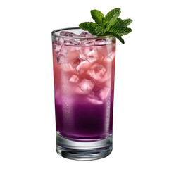 Purple cocktail with ice and mint garnish isolated on transparent background