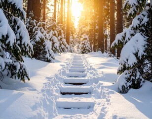 Snowy Step in a Deep Winter Forest