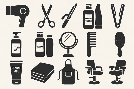 Set of hair salon icons featuring tools and products for hair styling