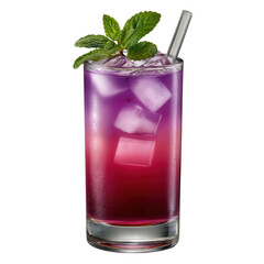 Purple cocktail with ice and mint garnish isolated on transparent background