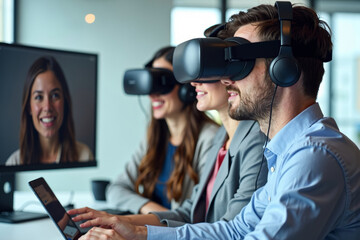 Business Professionals Wearing Virtual Reality Headsets Meeting in a Digital Workspace for a Video Conference Call