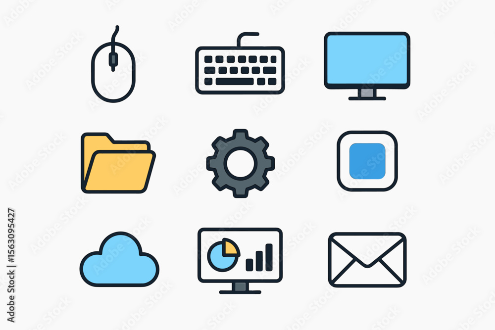 Poster computer and office icons set with mouse keyboard monitor folder gear