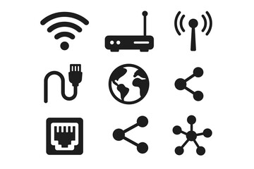Black technology icons: wi-fi, router, networking, cable, earth, share symbols