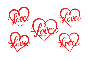 Five red calligraphy love hearts on a white background isolated on white background