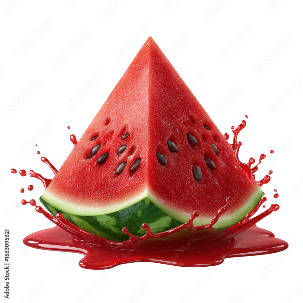 Poster watermelon slice with juice splash isolated on transparent background