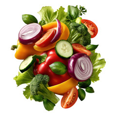 A vibrant mix of fresh vegetables including tomato, onion, cucumber, and pepper isolated on transparent background
