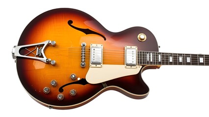 Vintage archtop guitar instrument musical equipment brown sunburst jazz guitar professional photography on transparent background