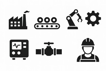 Industrial icons: factory, conveyor belt, robotic arm, gear, monitor, valve, worker
