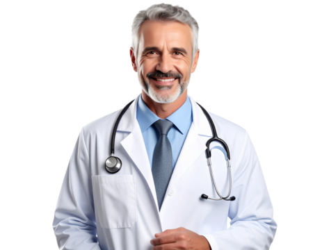 Cheerful mature doctor posing and smiling at camera, healthcare and medicine transparent background. - Powered by Adobe