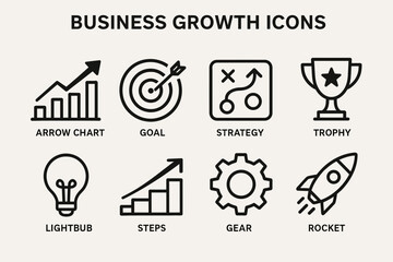 Business growth icons: arrow chart, goal, strategy, trophy, lightbulb, steps, gear, rocket