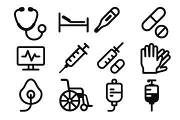 Obraz premium Medical equipment icons: stethoscope, thermometer, injection, pills, gloves, bed, monitor, wheelchair