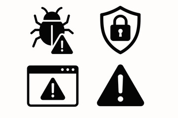 Cybersecurity alert icons: bug, lock, warning, browser