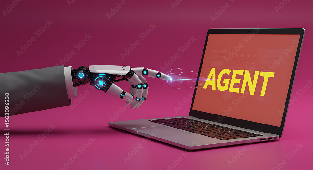 Poster advanced robotic hand with glowing blue circuits interacts with a laptop displaying the word agent i
