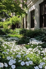 In a tranquil urban setting, a serene garden bursts into bloom with beautiful white flowers under the warm glow of a sunny day, bordered by vibrant lush greenery