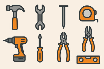 Fototapeta premium Colorful set of construction tools: hammer, wrench, drill, screwdriver, pliers, tape measure, nail, level