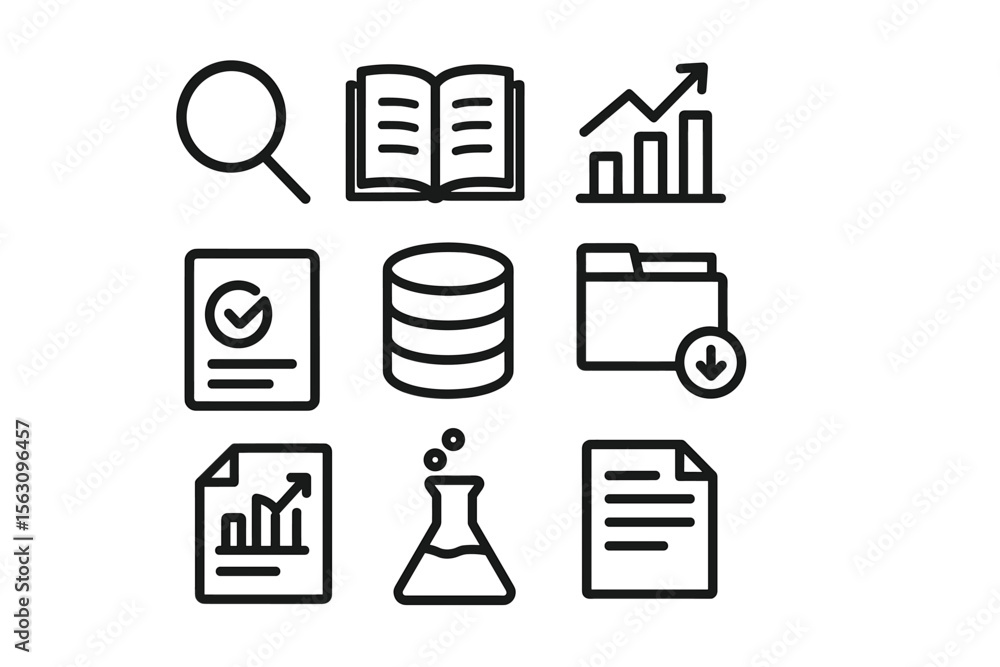 Poster minimalist icon set representing data analysis and research tools