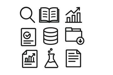 Minimalist icon set representing data analysis and research tools