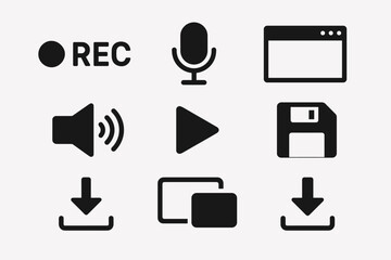 Set of black recording and media icon symbols for digital interfaces