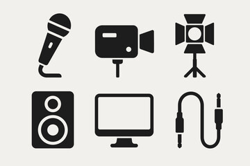 Microphone camera lighting speaker monitor cable audio visual equipment icons
