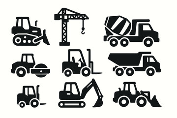 Silhouette icons of construction vehicles and heavy machinery equipment