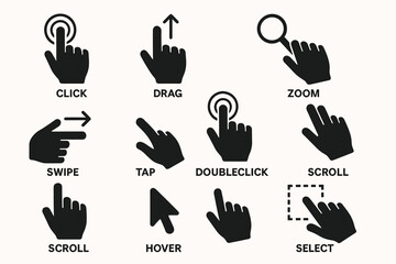 Fototapeta premium Hand gestures icons for touchscreen interactions: click, drag, zoom, swipe, tap