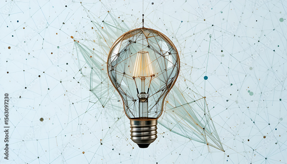 Poster creative lightbulb design showcases innovation with a glowing filament and connected network against