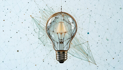 Creative lightbulb design showcases innovation with a glowing filament and connected network against a soft, patterned background.