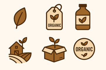 Organic product icons featuring leaves and eco-friendly symbols